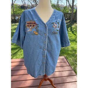 Vintage The Jeans Woman Denim Shirt With Noahs Ark & Animals Embroidery Button-D